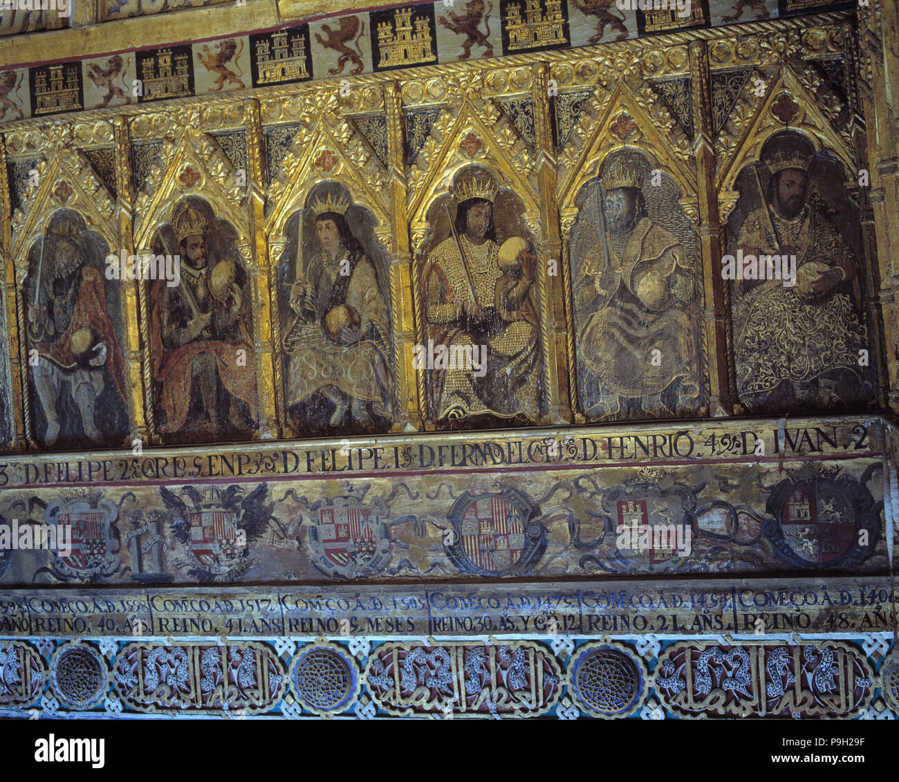 Alcazar of Seville, Hall of Ambassadors, detail of the Paintings where appear kings John II, Henr… Stock Photo
