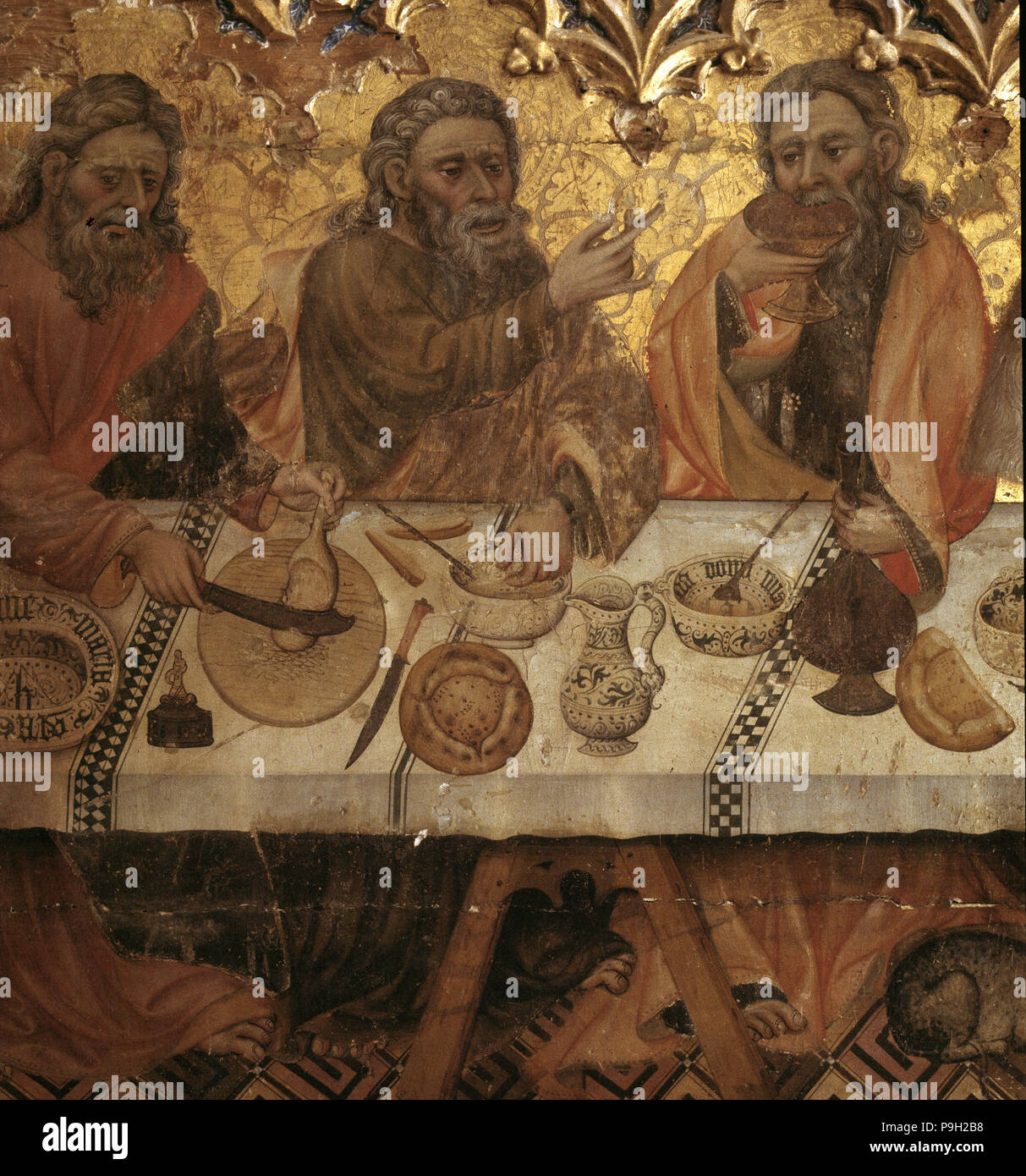 'Last Supper', detail of the painting by Jaume Ferrer I. Stock Photo