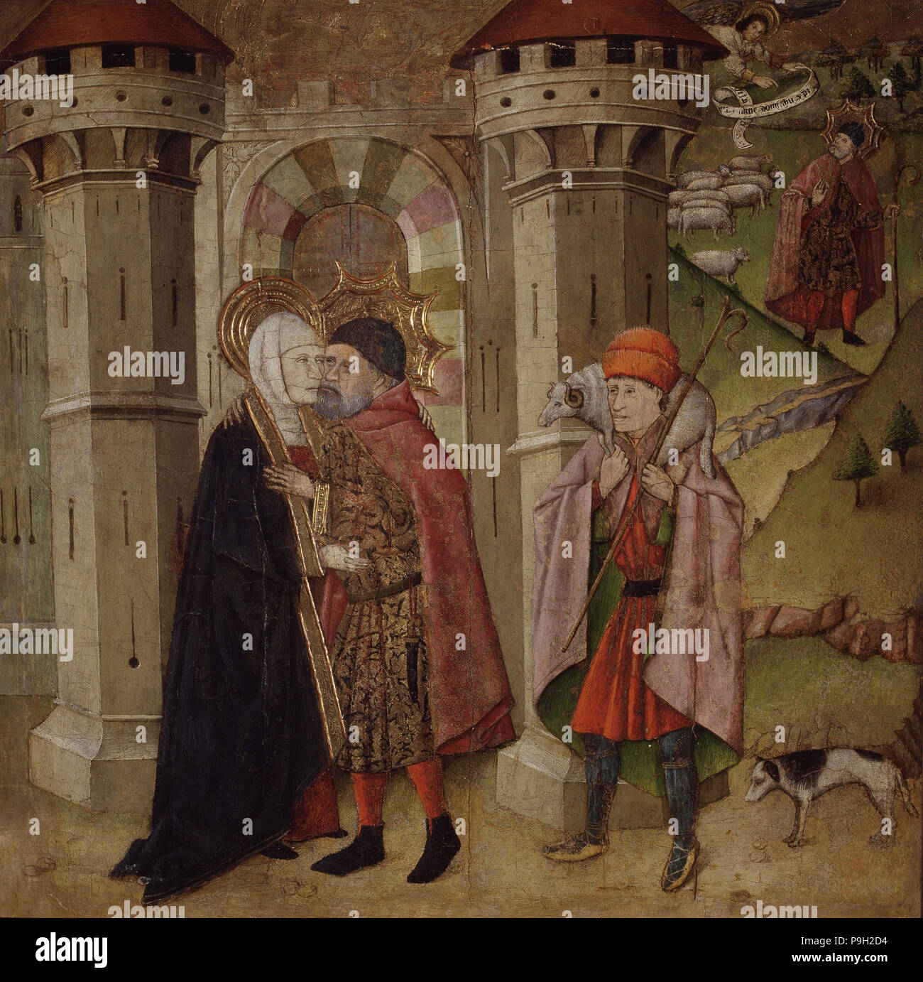 Saints Joachim and Anne before the sacred gate of Jerusalem', tempera painting work by Jaime Huguet. Stock Photo