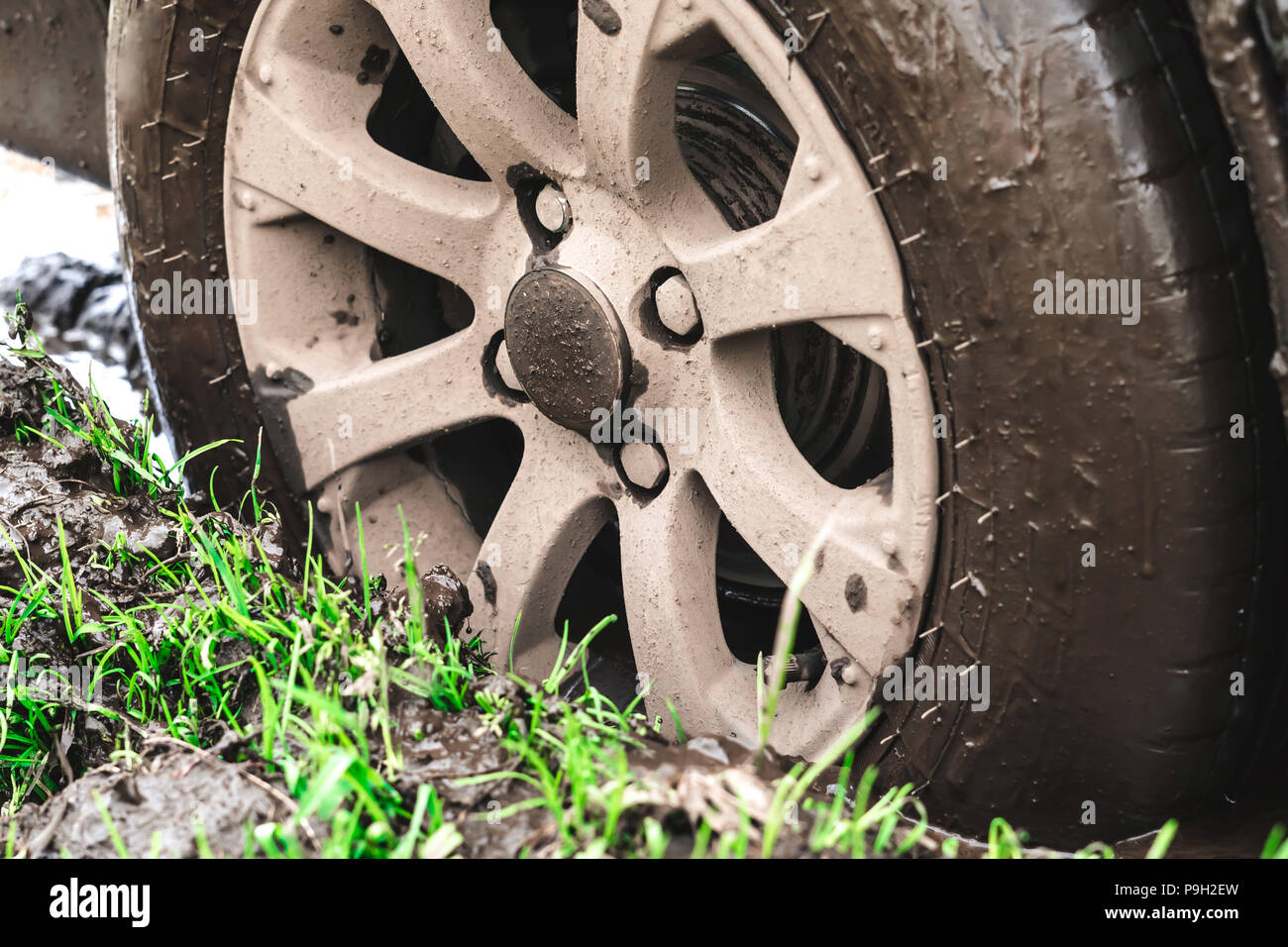 the wheel of a passenger car stuck in the mud on an offroad Stock