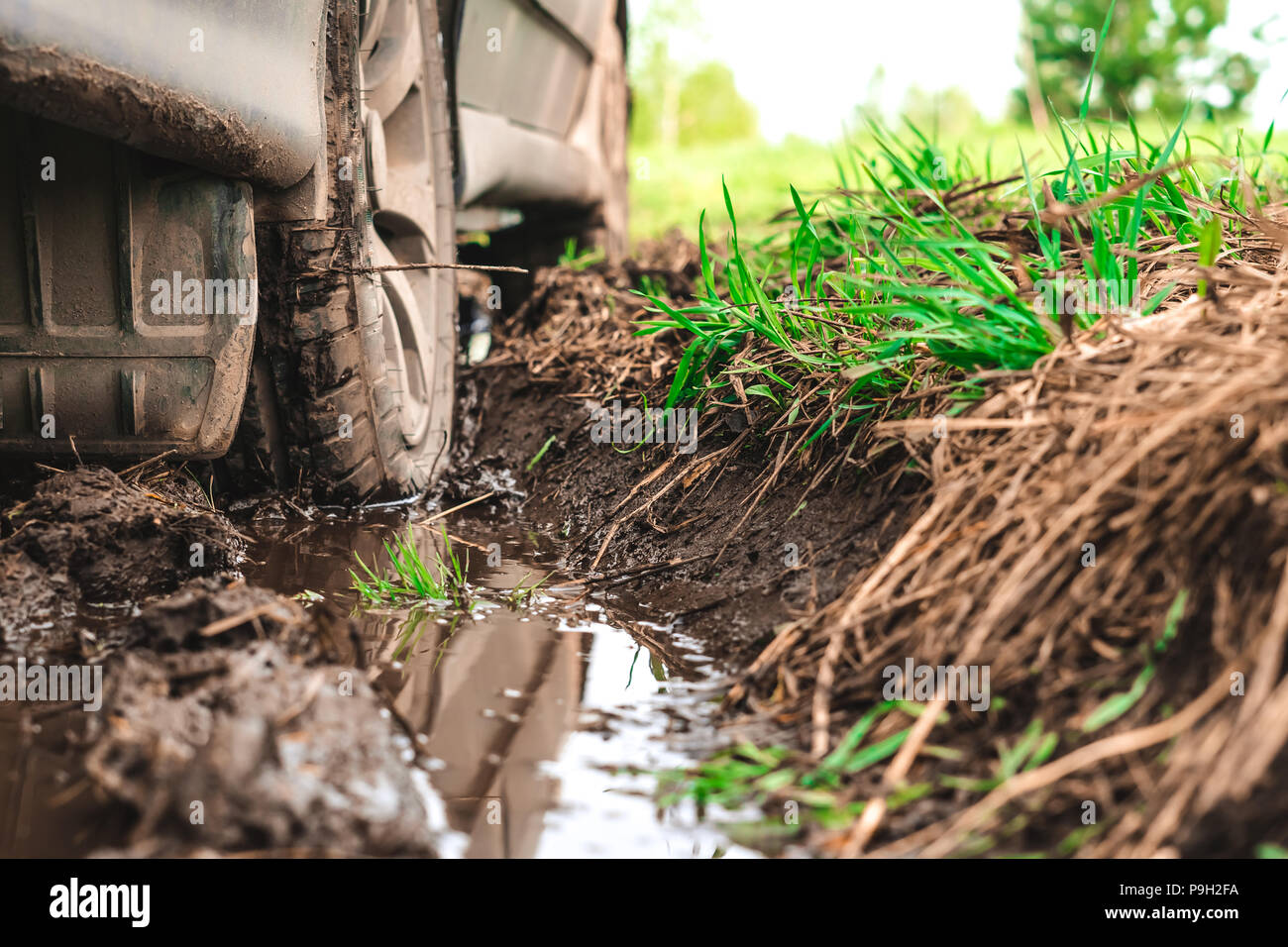 the wheel of a passenger car stuck in the mud on an offroad Stock