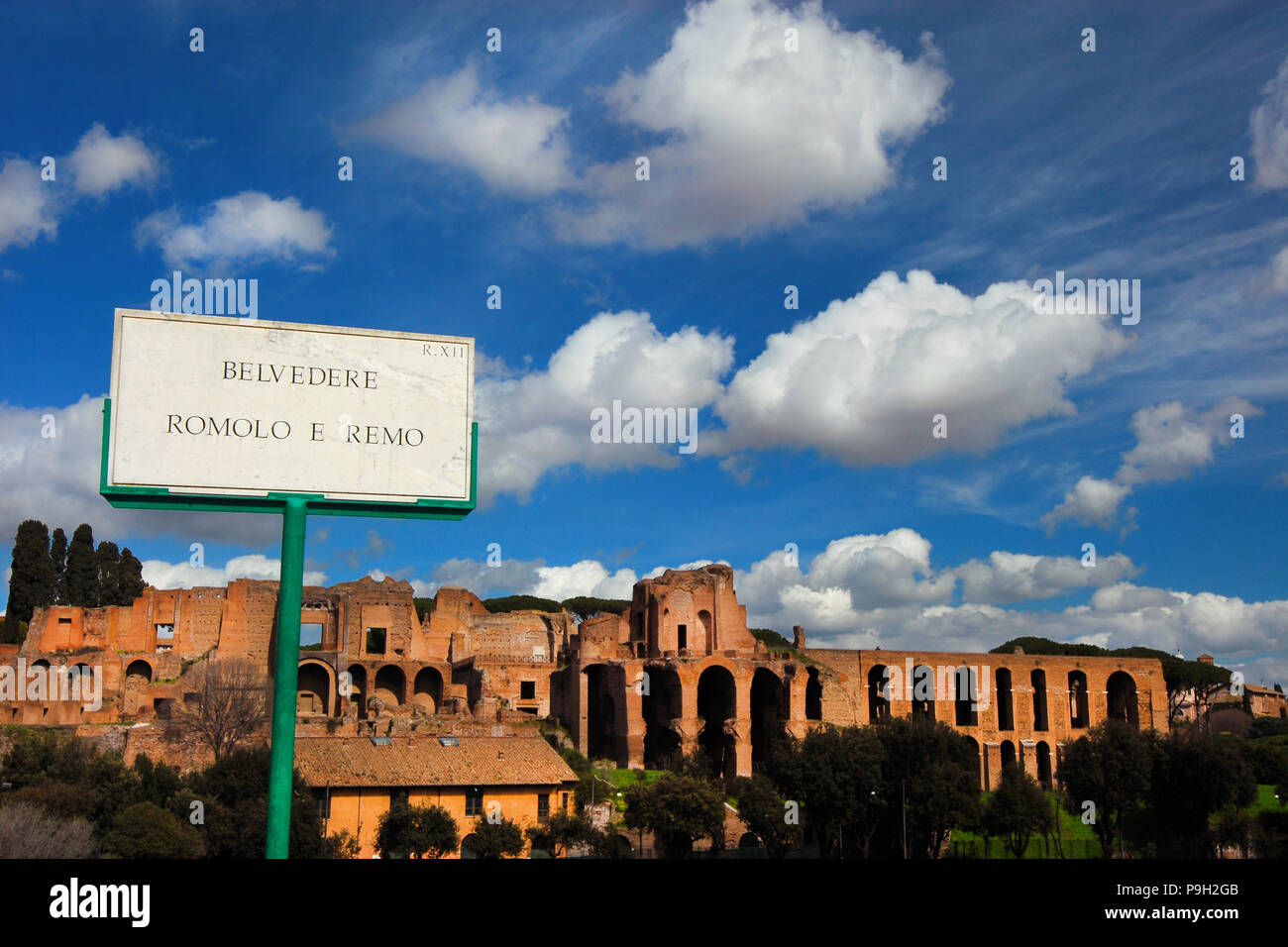 Panoramic view of the Ancient Rome Imperial Palace ruins on Palatine Hill from Romulus and Remus panoramic terrace, in the historic center of Rome Stock Photo