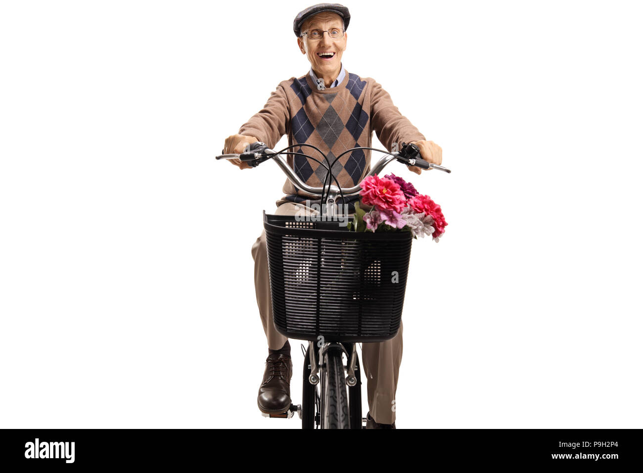 Elderly man riding a bicycle isolated on white background Stock Photo