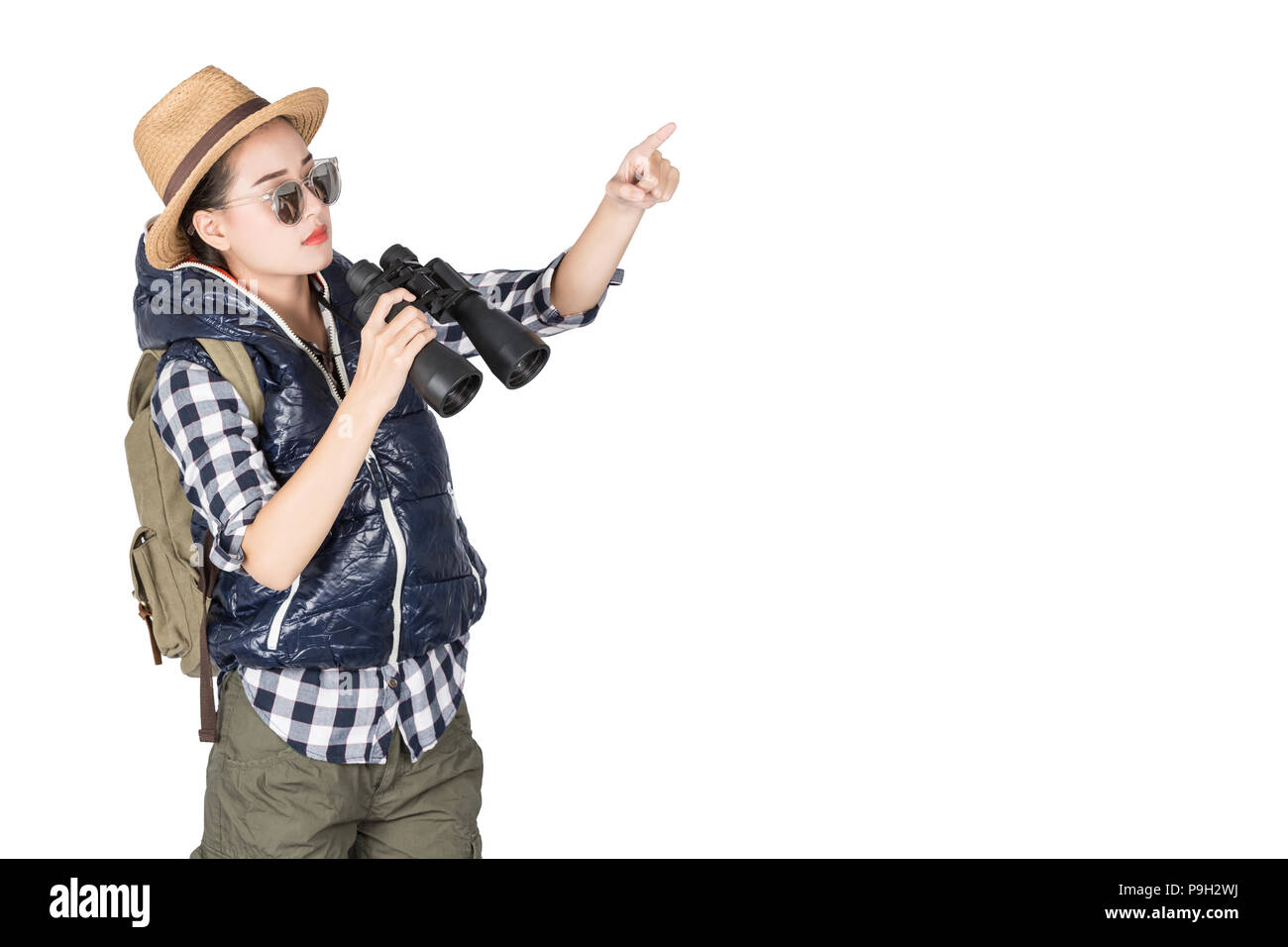 Woman with Binoculars and telescope,Travel concept isolated on white background Stock Photo