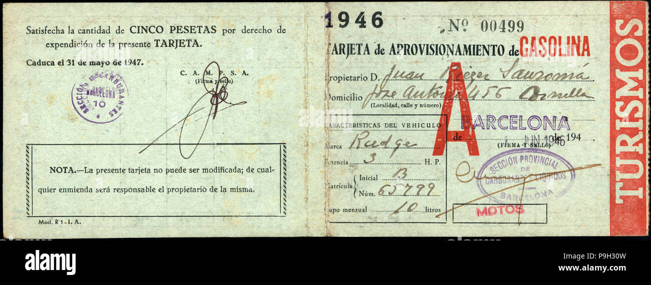 Gasoline rationing card. Barcelona, 1946 Stock Photo - Alamy