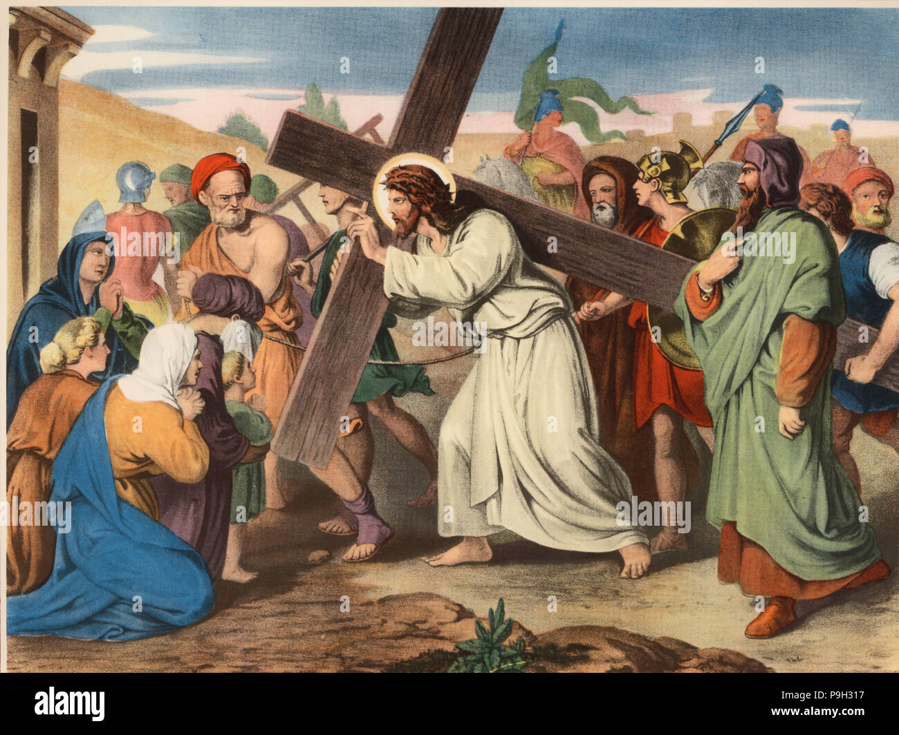 Via Crucis. Eighth station. Jesus speaks to the daughters of Jerusalem. Drawing by Pascual. Barsa… Stock Photo