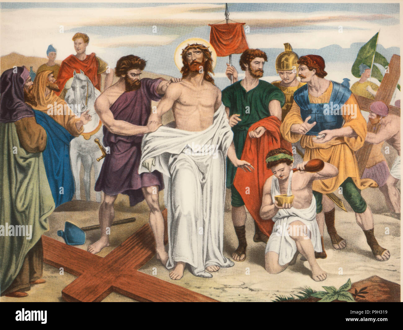 Via Crucis. Tenth Station. Jesus is stripped of his garments. Drawing by Pascual. Barsal Editions… Stock Photo