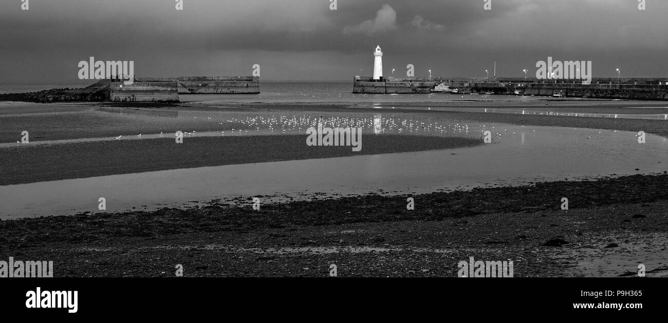 Black and white night time panorama of Donaghadee lighthouse and Harbour, Northern Ireland, at low tide. Stock Photo