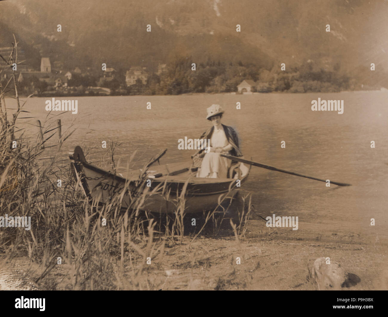 Victorian Photograph of Lady Prentis Sat in a Rowing Boat in France Stock Photo