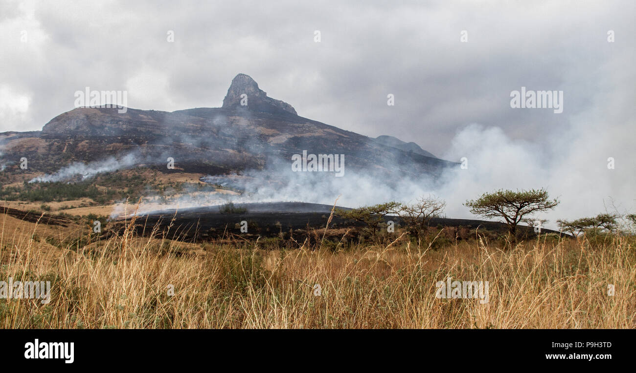 A fire spreading from nearby land into the Royal Natal National Park in the Drakensberg, South Africa. Stock Photo