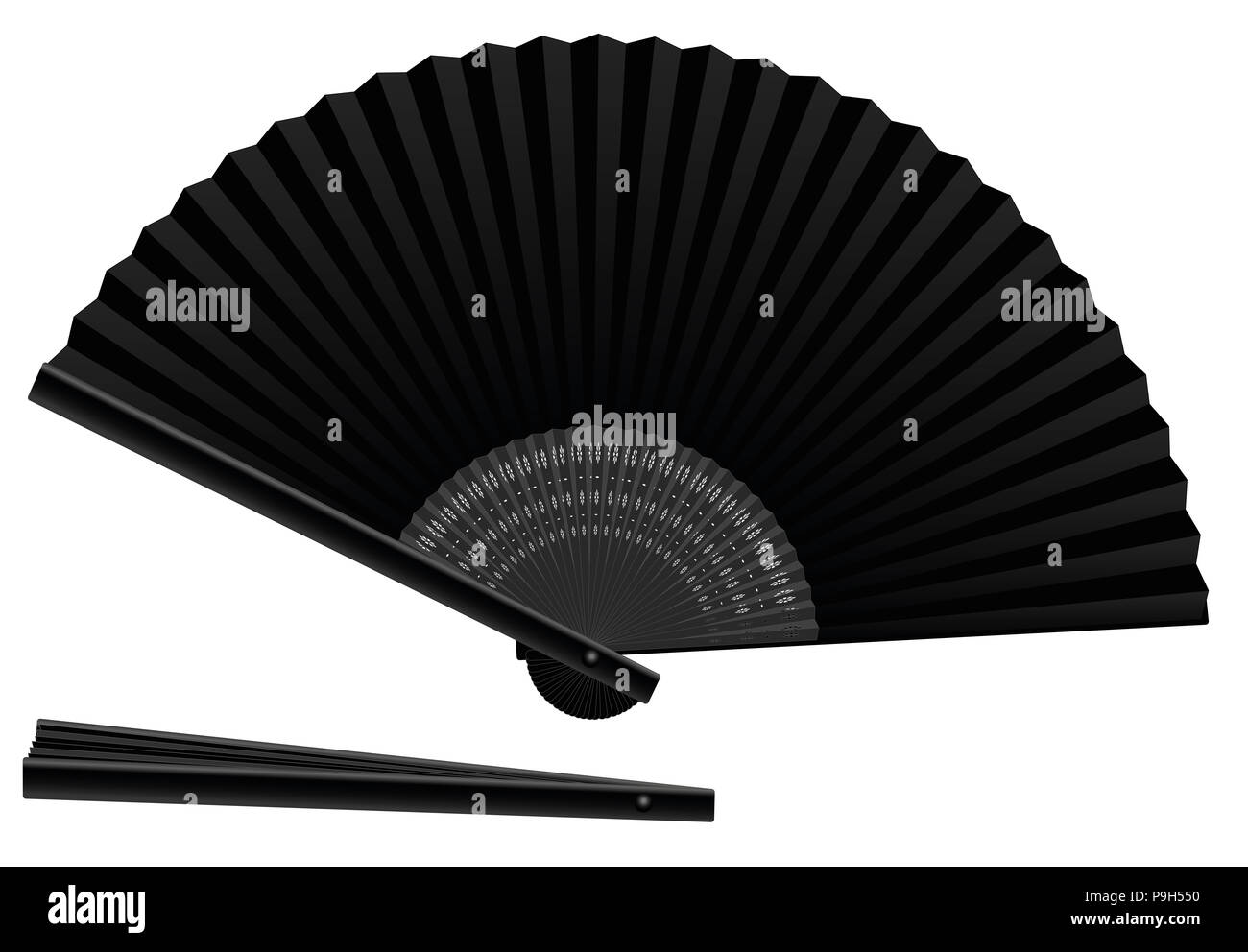 Black hand fan, open and closed, threedimensional, realistic