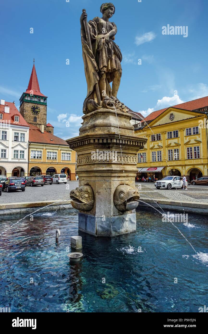 Jicin, Czech Republic Fountain on Wallenstein Square Stock Photo