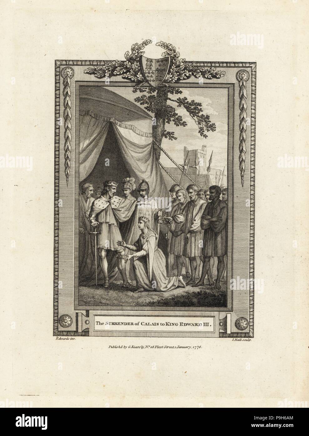 Surrender of Calais to King Edward III, 1347. Copperplate engraving by J. Hall after an illustration by Edwards from The Copper Plate Magazine or Monthly Treasure, G. Kearsley, London, 1778. Stock Photo