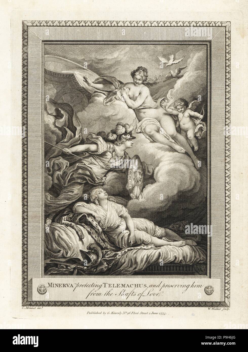 Minerva protecting Telemachus and preserving him from the shafts of love. Copperplate engraving by W. Walker after an illustration by C. Monnet from The Copper Plate Magazine or Monthly Treasure, G. Kearsley, London, 1778. Stock Photo