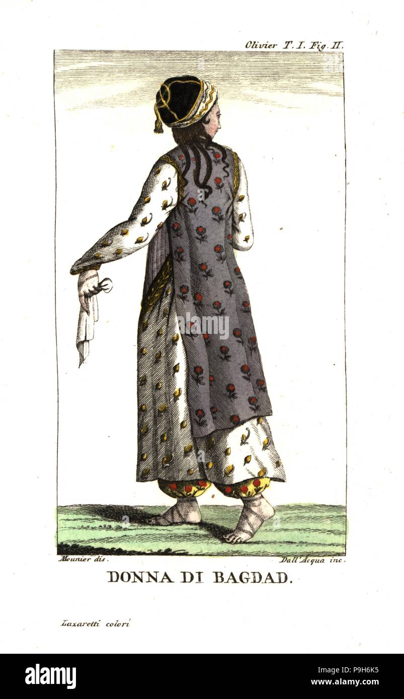 Woman of Baghdad in everyday dress of botanical-print robes, harem pants  and sandals. Illustration by Mounier from Guillaume-Antoine Olivier's  Travels in the Ottoman Empire, Egypt and Persia, 1801. Copperplate  engraving by Dell'Acqua
