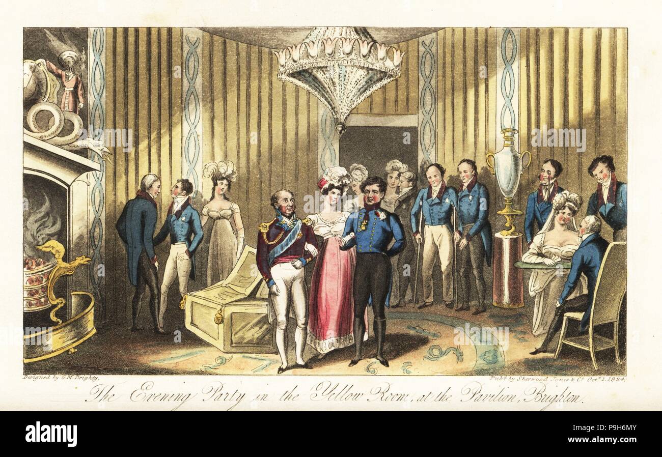 King George IV with Princess Augusta and the Duke of York entertaining guests in the Yellow Room, Brighton Pavilion. Guests include his mistress the Marchioness of Conyngham, gouty Earl of Arran on crutches, Lady Elizabeth and Sir H. Barnard, Sir H. Turner, etc. Handcoloured copperplate drawn and engraved by George M. Brighty from The English Spy, London, 1825. Written by Bernard Blackmantle, a pseudonym for Charles Molloy Westmacott. Stock Photo