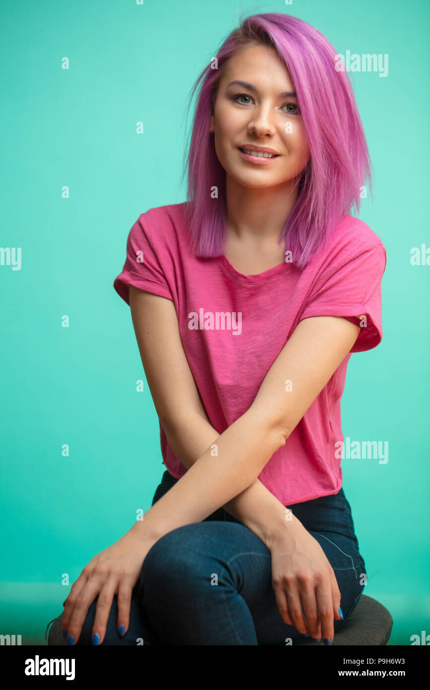 Good Looking Student Girl With Pink Dyed Hair And Trendy Hairstyle