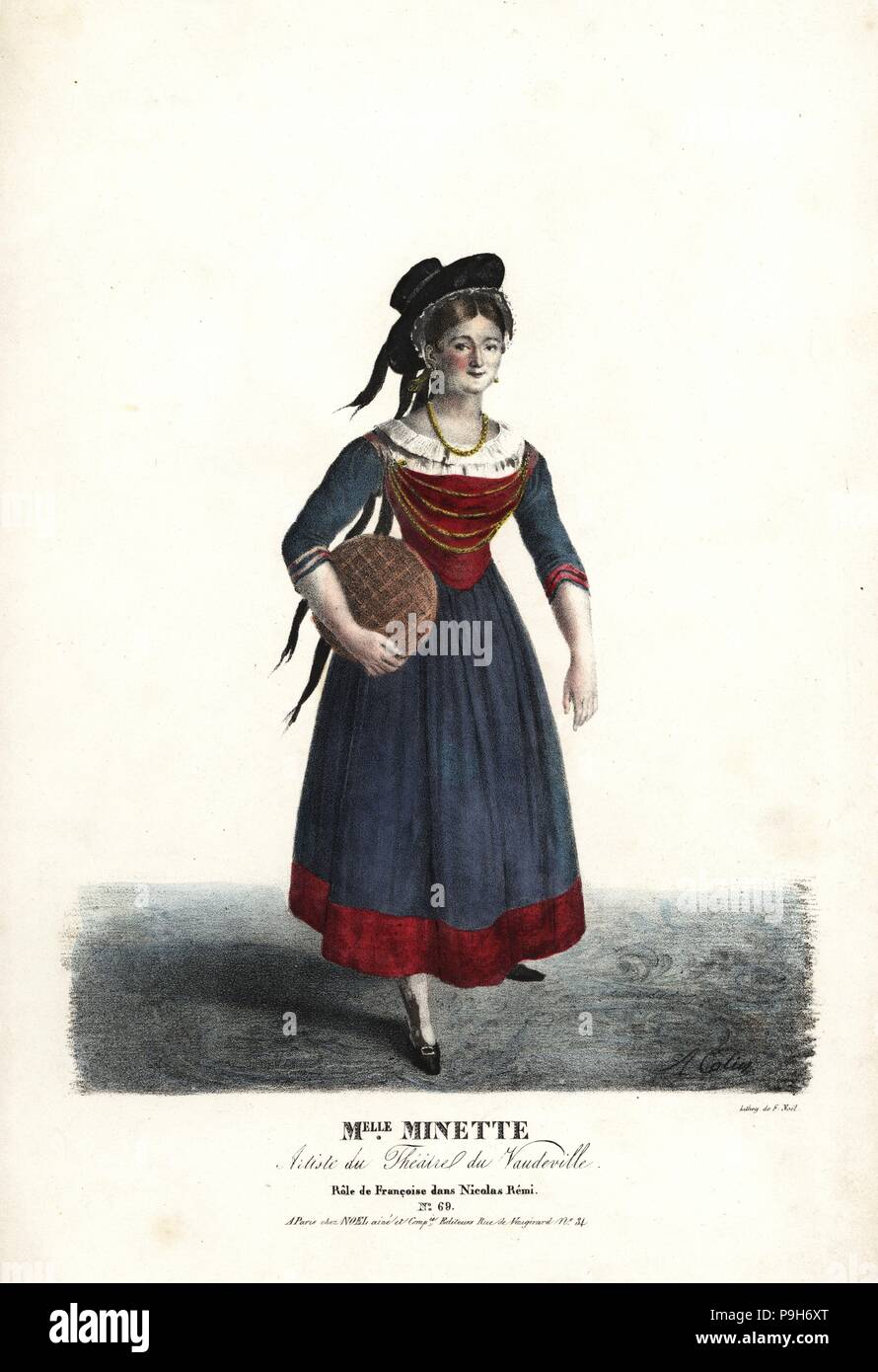 Actress Mlle Minette or Jeanne-Marie-Francoise Menestrier as Francoise in Nicolas Remi by Sewrin, Theatre du Vaudeville, 1823. Handcoloured lithograph by F. Noel after an illustration by Alexandre-Marie Colin from Portraits d'Acteurs et d'Actrices dans different roles, F. Noel, Paris, 1825. Stock Photo