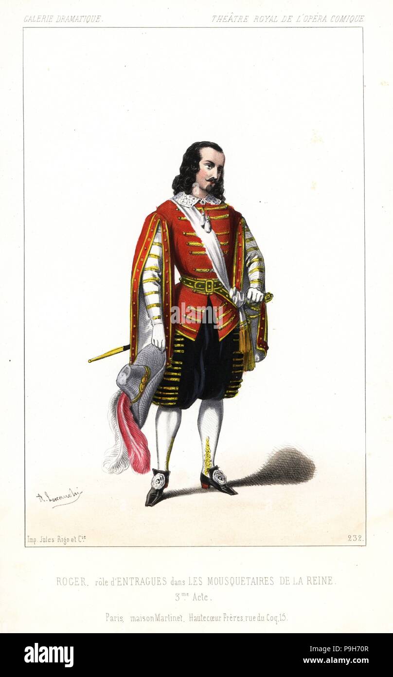 French tenor singer Gustave-Hippolyte Roger as d'Entragues in the comic opera Les Mousquetaires de la Reine by Fromental Halevy, Theatre Royal de l'Opera Comique, 1846. Handcoloured lithograph after an illustration by Alexandre Lacauchie from Victor Dollet's Galerie Dramatique: Costumes des Theatres de Paris, Paris, 1846. Stock Photo