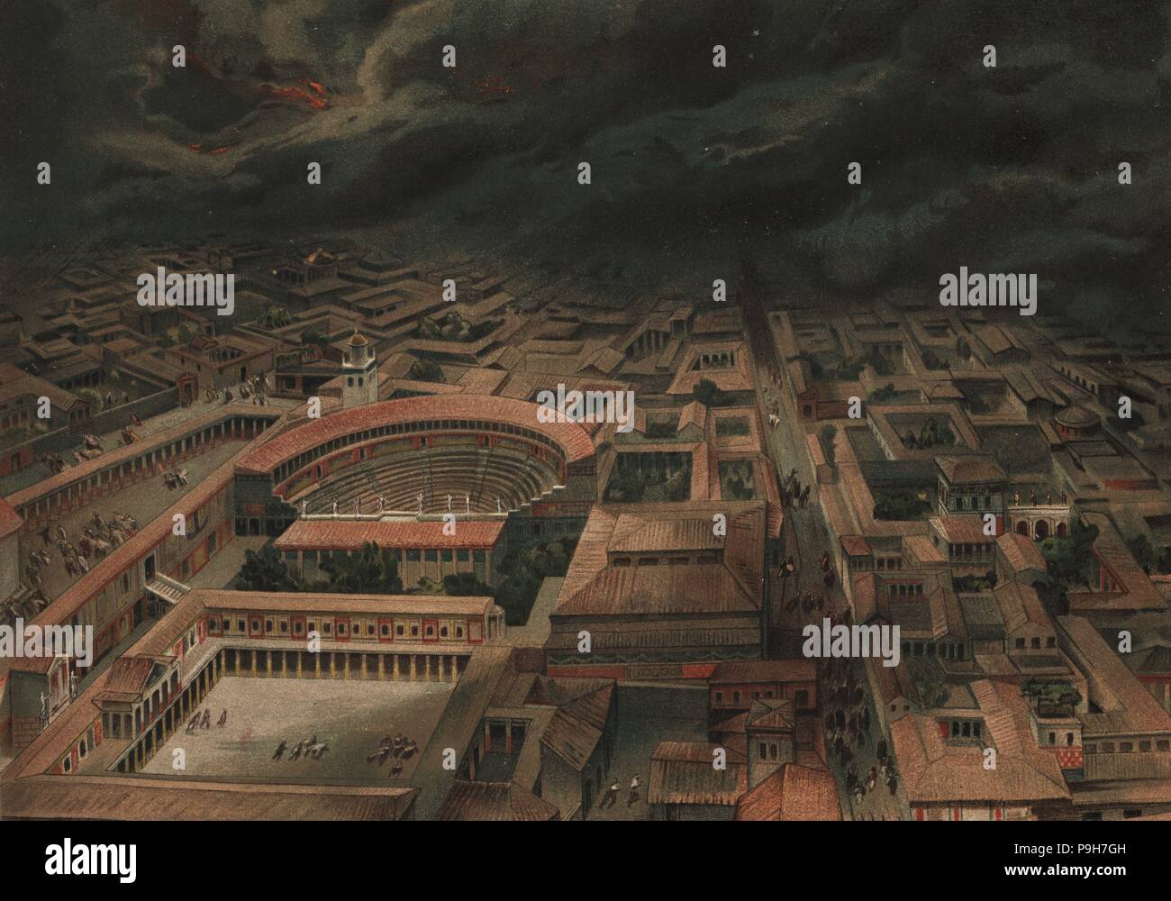 View of Pompeii at the moment of the volcanic eruption of Mt. Vesuvius in A.D.79 showing residents fleeing in the streets near the large theatre, small theatre, Quadriportico dei Teatri, etc. Chromolithograph by Dietrich after an illustration by C. Gel from Antonio Niccolini’s Pompeii: Views and Restorations (Pompeii: Essaies et Restaurations), published by Fausto Niccolini, Naples, 1898. Antonio was grandson of the architect Antonio Niccolini Sr. Stock Photo