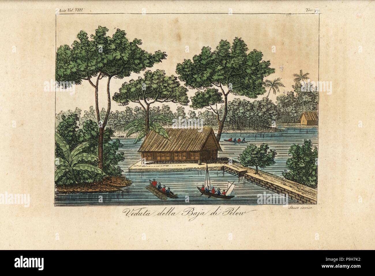 View of a longhouse in the bay of Palau island. Handcoloured copperplate engraved by Sasso from Giulio Ferrario's Ancient and Modern Costumes of all the Peoples of the World, Florence, Italy, 1844. Stock Photo