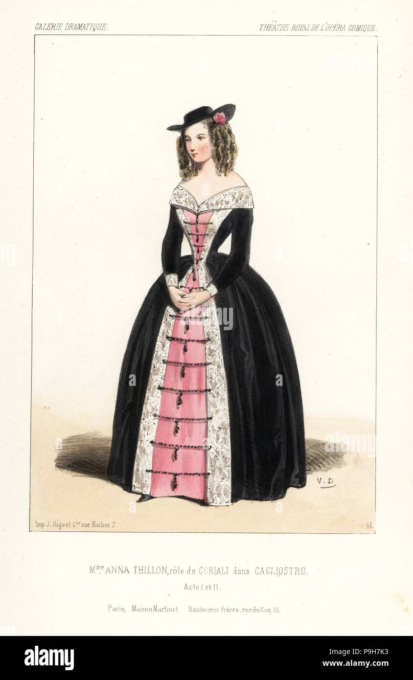 Opera singer Anna Thillon as Coriali in Cagliostro, Act I,II, by Eugene Scribe, Theatre Royal de l'Opera Comique, 1843. Handcoloured lithograph after an illustration by Victor Dollet from Galerie Dramatique: Costumes des Theatres de Paris, Paris, 1845. Stock Photo