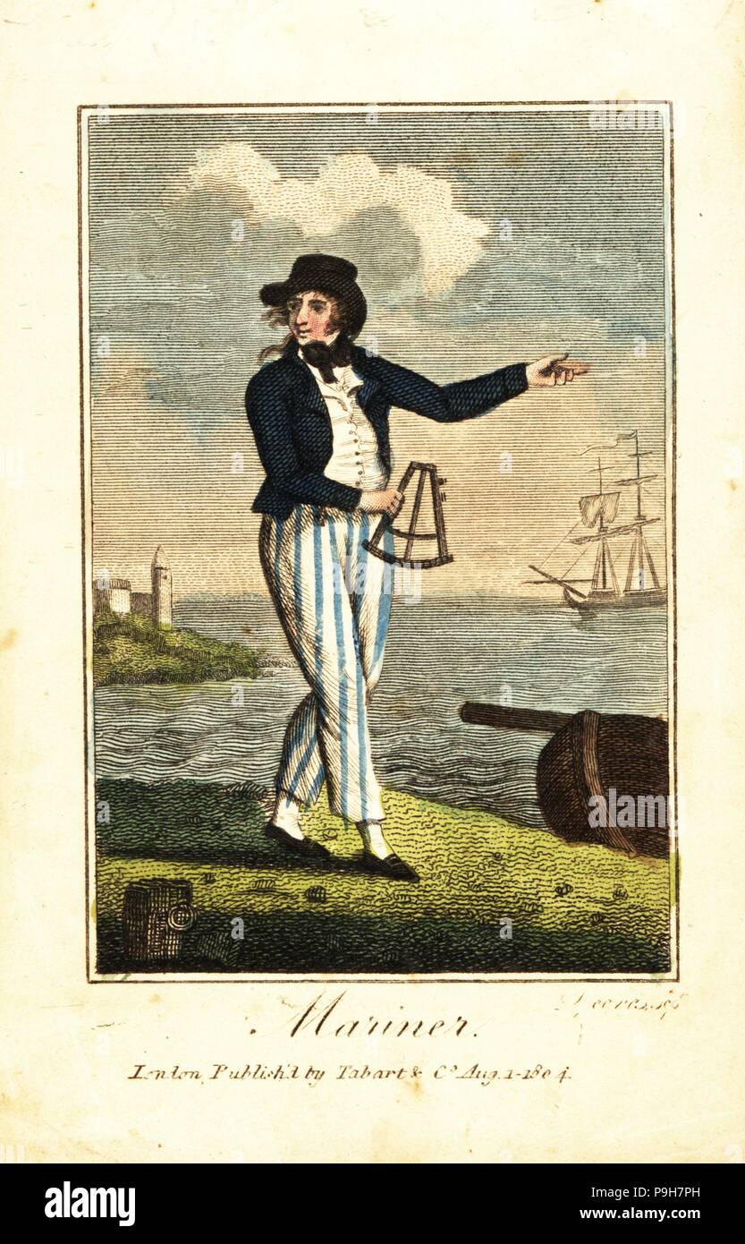 English mariner with sextant on a beach in front of a lighthouse and