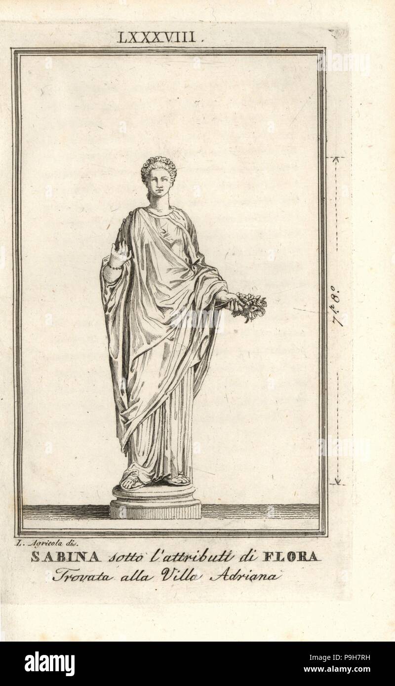Statue of the Roman empress Vibia Sabina in the attributes of the goddess Flora. Found in Hadrian's Villa. Copperplate engraving after an illustration by L. Agricola from Pietro Paolo Montagnani-Mirabili's Il Museo Capitolino (The Capitoline Museum), Rome, 1820. Stock Photo