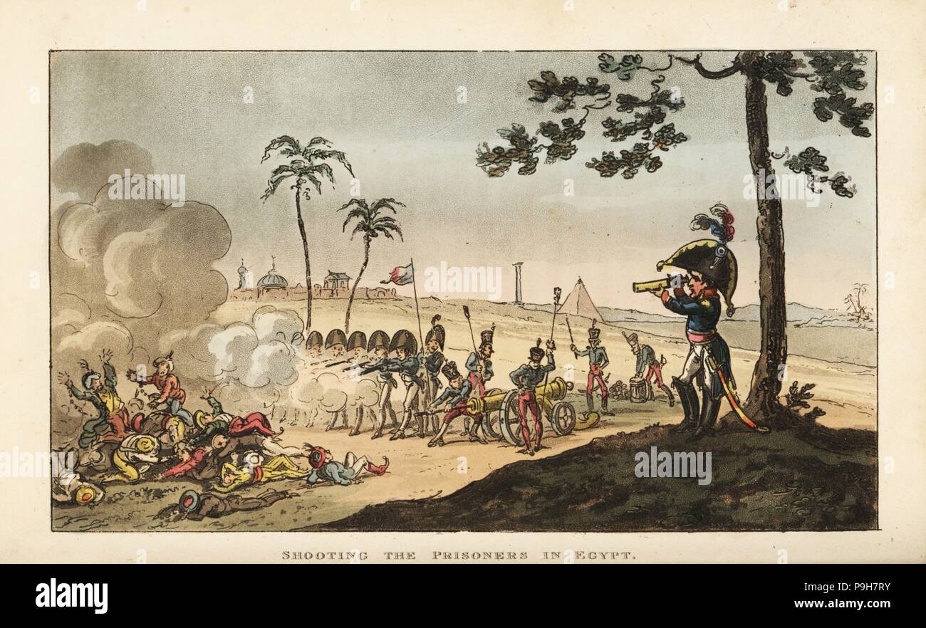 Napoleon watching the execution of 4,000 Egyptian prisoners by firing squad after the Siege of Jaffa, Egyptian Campaign, 1799. Handcoloured copperplate engraving by George Cruikshank from The Life of Napoleon a Hudibrastic Poem by Doctor Syntax, T. Tegg, London, 1815. Stock Photo