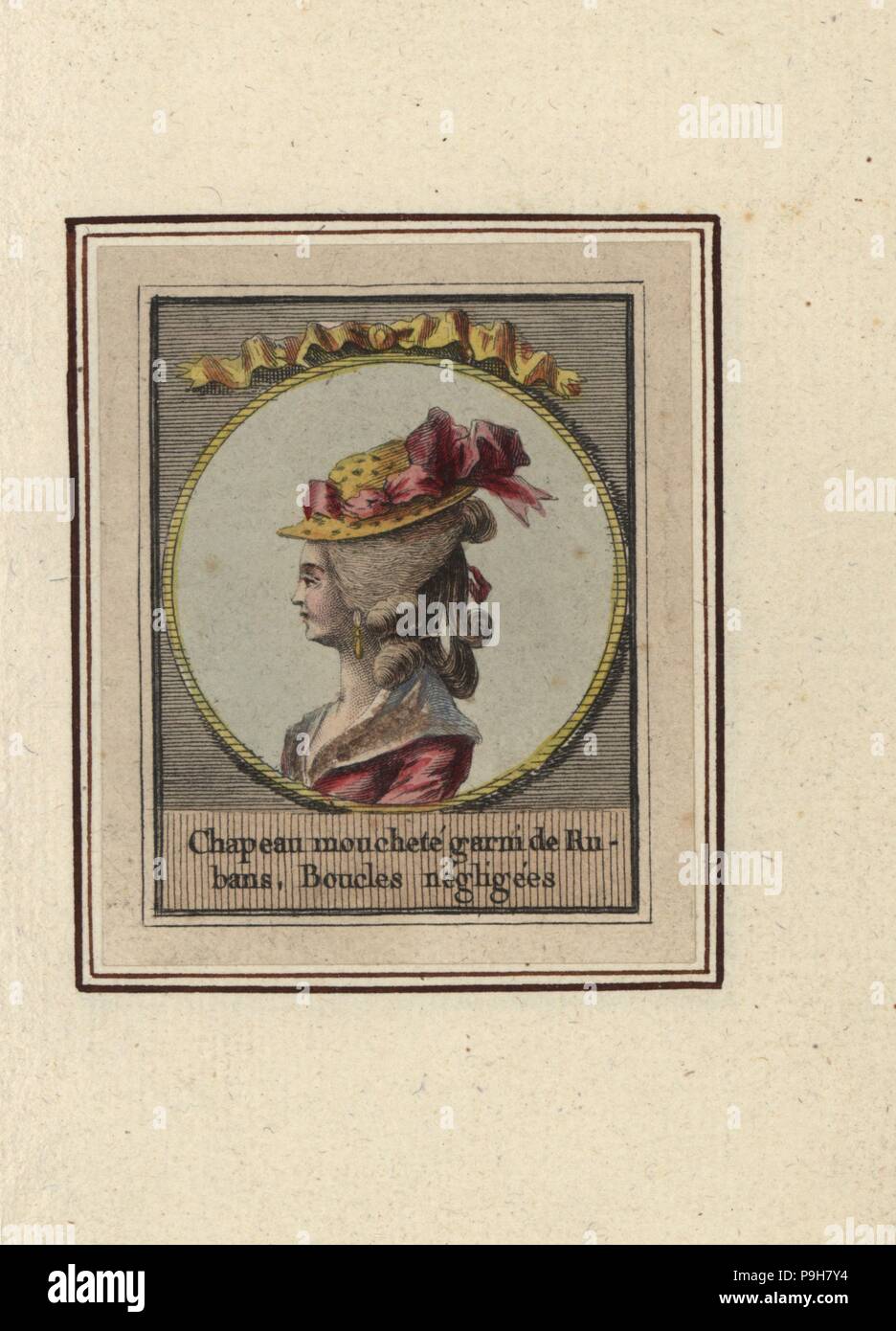 Woman in a polka-dotted hat decorated with ribbons. Hairstyle with falling curls or ringlets. Chapeau mouchete garni de Rubans, Boucles negligees. Handcoloured copperplate engraving by an unknown artist from an Album of Fashionable Hairstyles of 1783, Suite des Coeffures a la Mode en 1783, Esnauts et Rapilly, Paris, 1783. Stock Photo