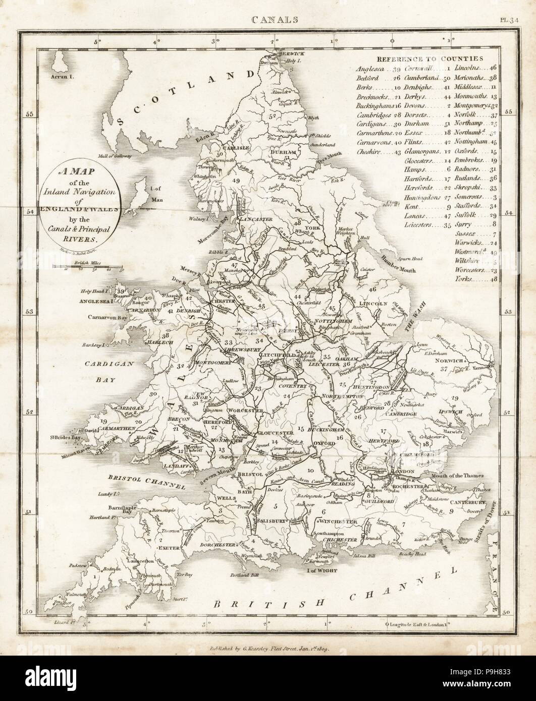 Map of the inland navigation of England and Wales by the canals and principal rivers, 1809. Copperplate engraving by Mutlow from John Mason Good's Pantologia, a New Encyclopedia, G. Kearsley, London, 1813. Stock Photo