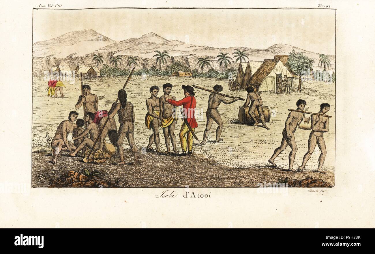 Captain Cook's men with natives at Waimea village, Kauai island, Hawaii