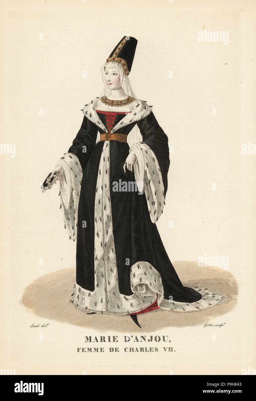 Marie of Anjou, Queen of France, wife of King Charles VII. She wears a  truncated hennin, jeweled necklace, and black velvet robe lined with  ermine, crakows or poulaines. Handcoloured copperplate engraving by