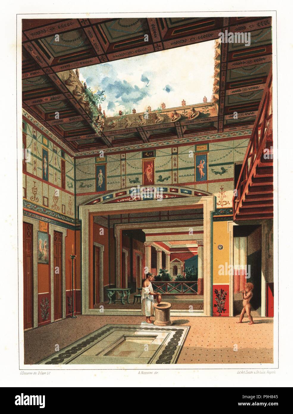 House of the Tragic Poet, Pompeii VI.8.5. Slave boy filling an amphora at the well near the impluvium pool in the tablinum. In the background, the peristyle garden courtyard and aedicula lararium shrine. Chromolithograph by D. Capri after an illustration by G. Discanno from Antonio Niccolini’s Pompeii: Views and Restorations (Pompeii: Essaies et Restaurations), published by Zucchi & De Luca, Naples, 1898. Antonio was grandson of the architect Antonio Niccolini Sr. Stock Photo