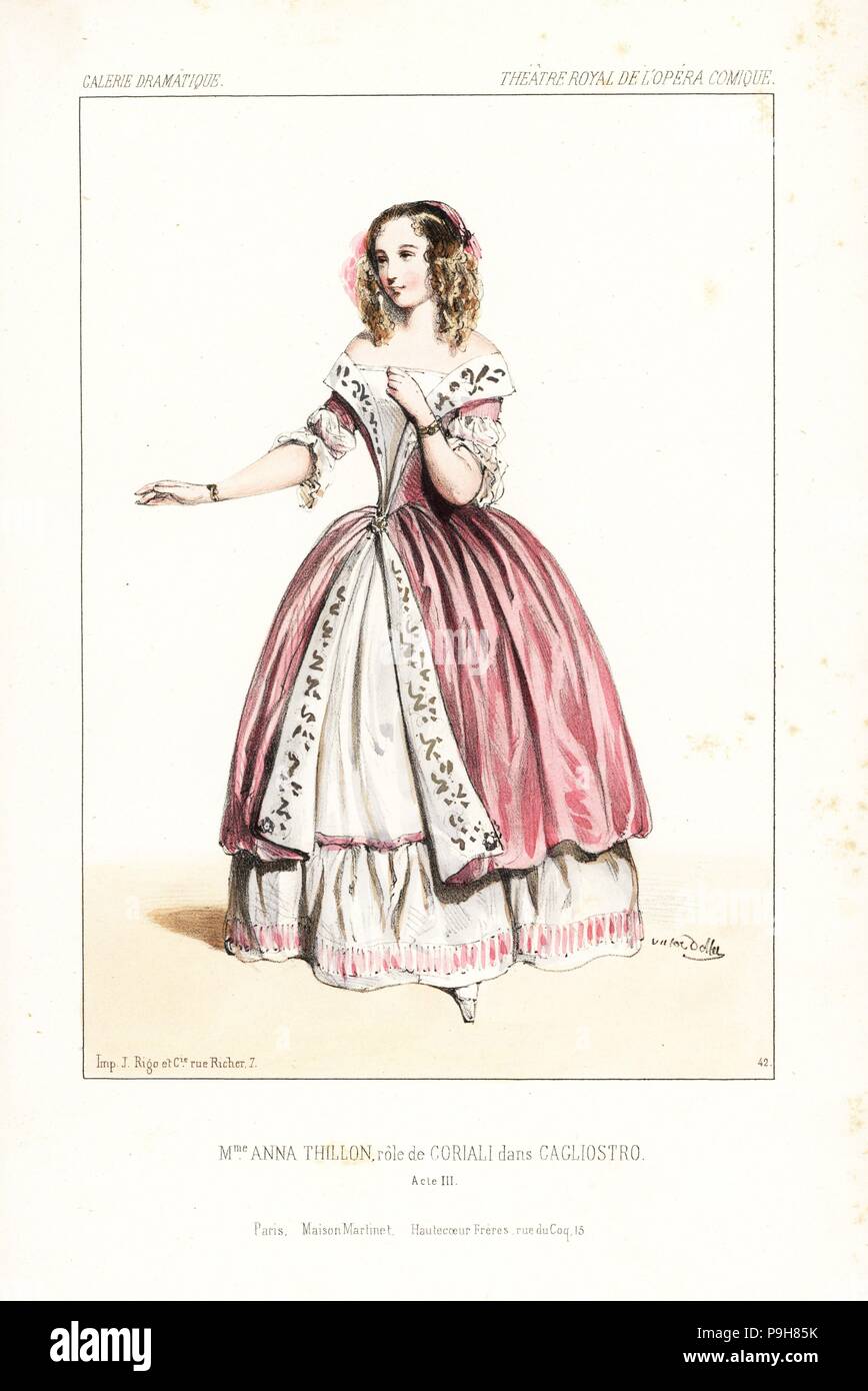 Opera singer Anna Thillon as Coriali in Cagliostro, Act III, by Eugene Scribe, Theatre Royal de l'Opera Comique, 1843. Handcoloured lithograph after an illustration by Victor Dollet from Galerie Dramatique: Costumes des Theatres de Paris, Paris, 1844. Stock Photo