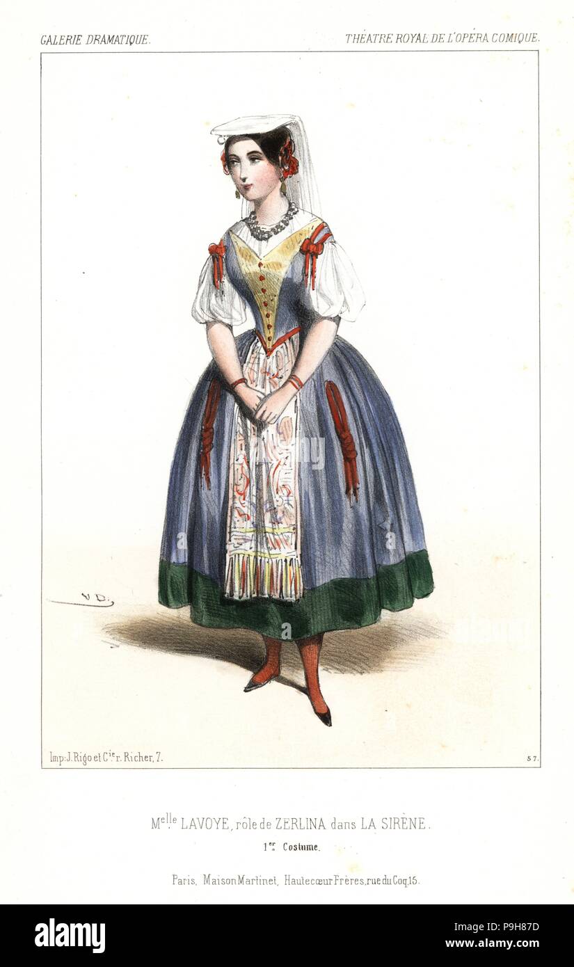 French soprano Anne-Benoite-Louise Lavoye as Zerlina in La Sirene by  Daniel-Francois-Esprit Auber and Eugene Scribe, Theatre Royal de L'Opera  Comique, 1844. Handcoloured lithograph after an illustration by Victor  Dollet from Galerie Dramatique: