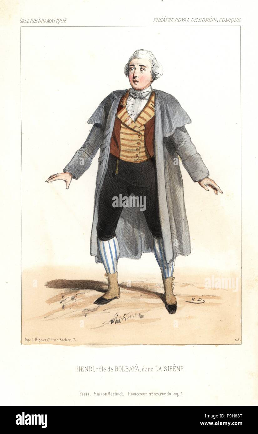 Opera singer Henri as Bolbaya in La Sirene by Daniel Auber and Eugene Scribe, Theatre Royal de l'Opera Comique, 1844. Handcoloured lithograph after an illustration by Victor Dollet from Galerie Dramatique: Costumes des Theatres de Paris, Paris, 1845. Stock Photo