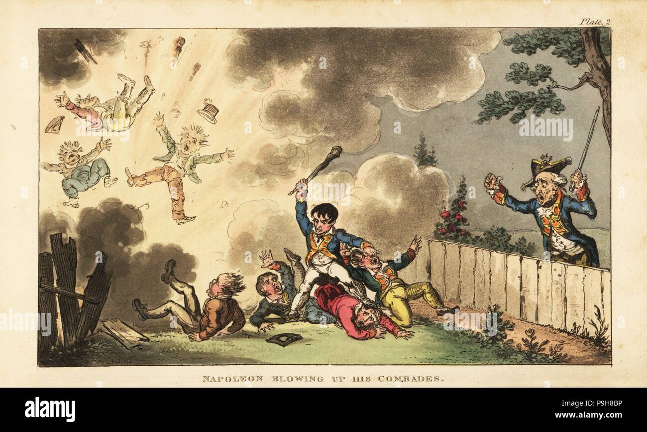Napoleon blowing up his comrades. Handcoloured copperplate engraving by George Cruikshank from The Life of Napoleon a Hudibrastic Poem by Doctor Syntax, T. Tegg, London, 1815. Stock Photo