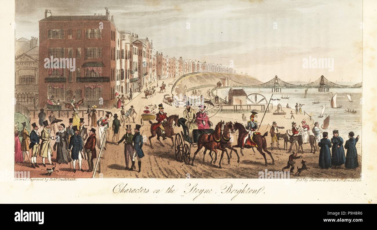 Regency fops and belles riding and promenading along the front at Brighton. Characters on the Steyne, Brighton. Handcoloured copperplate drawn and engraved by Robert Cruikshank from The English Spy, London, 1825. Written by Bernard Blackmantle, a pseudonym for Charles Molloy Westmacott. Stock Photo