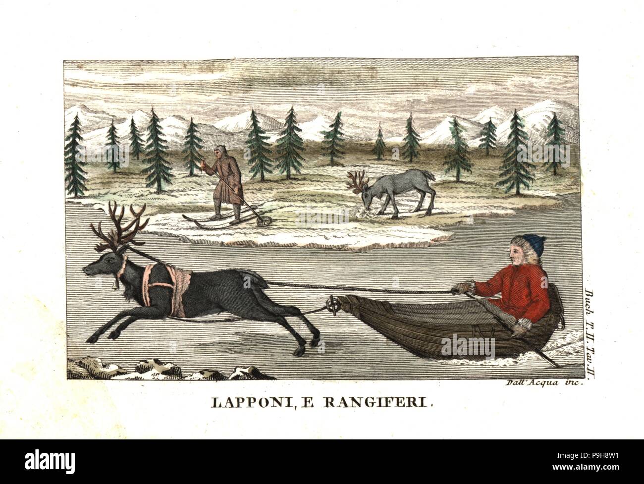 Sami man or Lapplander in a sleigh pulled by a reindeer on ice, and another man on skis. Illustration from Leopold von Buch’s Travels Through Norway and Lapland, 1813. Copperplate engraving by Dell'Acqua handcoloured by Lazaretti from Giovanni Battista Sonzogno’s Collection of the Most Interesting Voyages (Raccolta de Viaggi Piu Interessanti), Milan, 1815-1817. Stock Photo