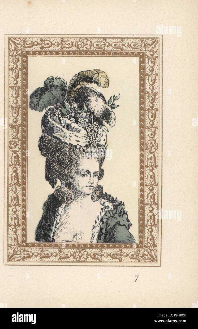 Woman in the Oriental hairstyle with hat decorated with flowers and  feathers, tied with a fur band. Coiffure Orientale. Handcoloured lithograph  by de Laubadere from Octave Uzanne's Stylish Hairstyle or Eccentric Finery