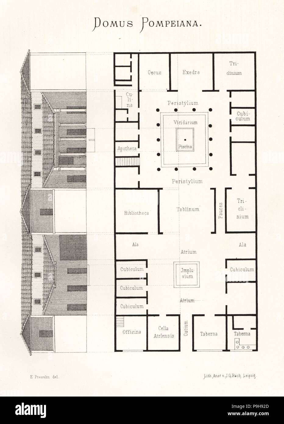 Elevation And Floor Plan Of A House In Pompeii Showing The Oecus