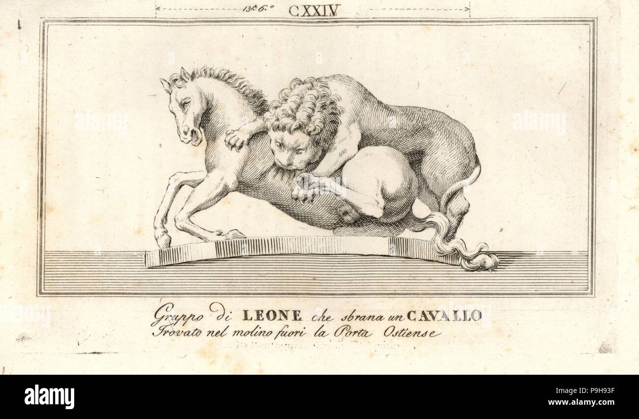 Sculpture of a lion attacking a horse. Found in an old mill at Porta San Paolo (Porta Ostiensis). Copperplate engraving from Pietro Paolo Montagnani-Mirabili's Il Museo Capitolino (The Capitoline Museum), Rome, 1820. Stock Photo