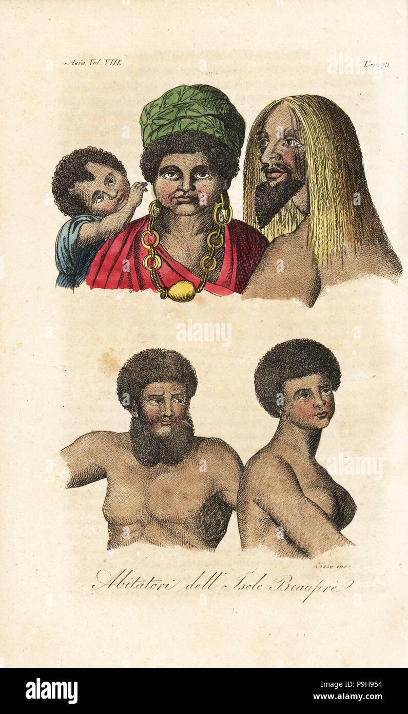Natives of the island of Tanna, Vanuatu, and of the island of Beautemps-Beaupre, Loyalty Islands, New Caledonia. Handcoloured copperplate engraved by Sasso from Giulio Ferrario's Ancient and Modern Costumes of all the Peoples of the World, Florence, Italy, 1844. Stock Photo