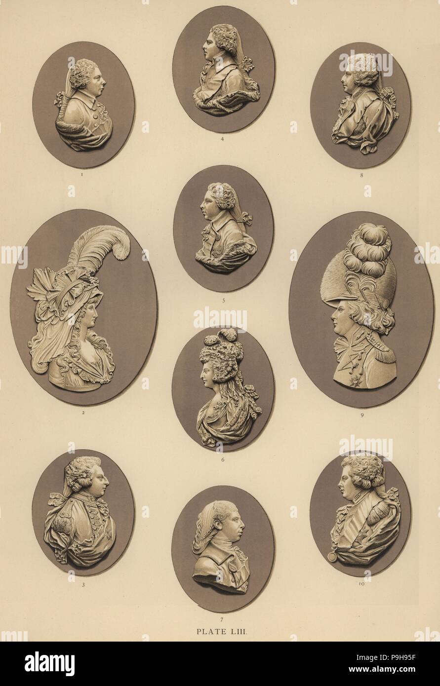 Portraits of the family of King George III: Prince Adolphus 1, Caroline Princess of Wales 2, Prince Frederick 3, Prince Ernest 4, Prince Augustus 5, Princess Charlotte 6, Prince Edward 7, Prince WIlliam Henry 8, Prince George, Prince Regent 9,10. Chromolithograph by W. Griggs from Frederick Rathbone's Old Wedgwood, the Decorative or Artistic Ceramic Work Produced by Josiah Wedgwood, Quaritch, London, 1898. Stock Photo