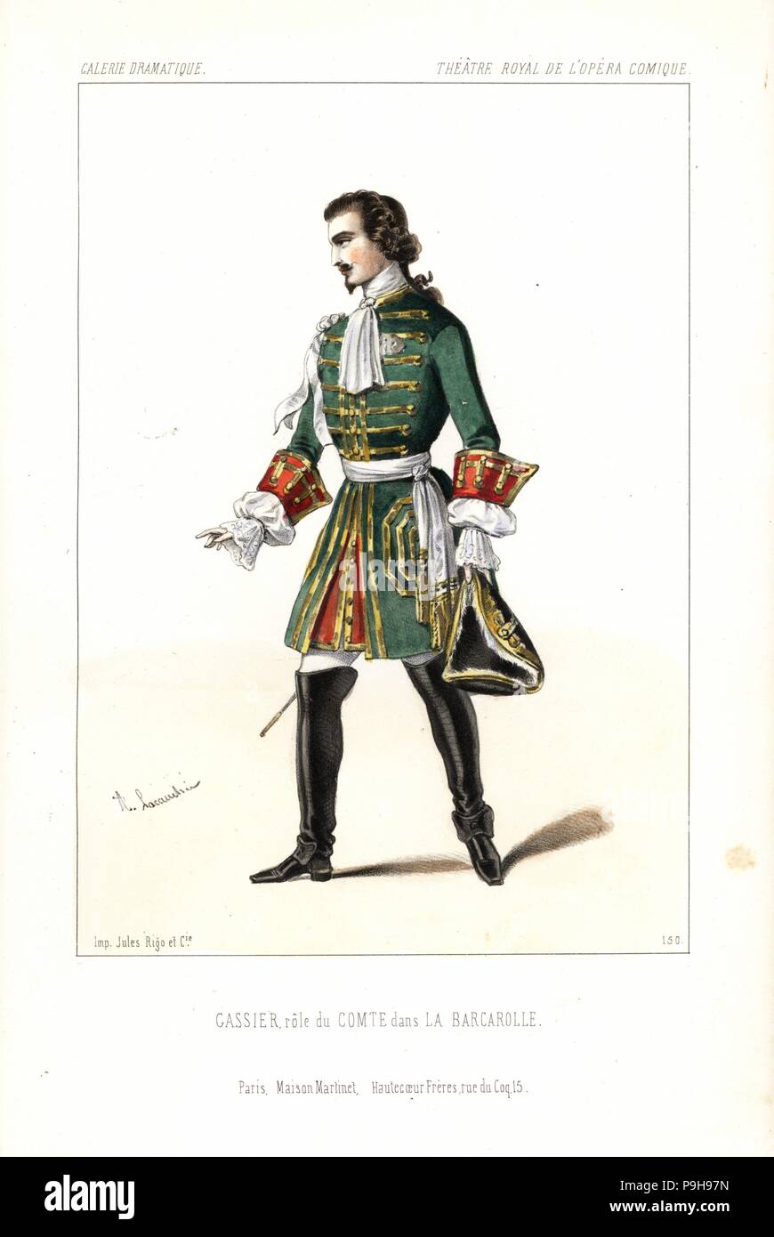 Bass-baritone Edouard Gassier in the role of the Comte in Auber's La Barcarolle, Opera Comique, 1845. Handcoloured lithograph after an illustration by Alexandre Lacauchie from Victor Dollet's Galerie Dramatique: Costumes des Theatres de Paris, Paris, 1845. Stock Photo
