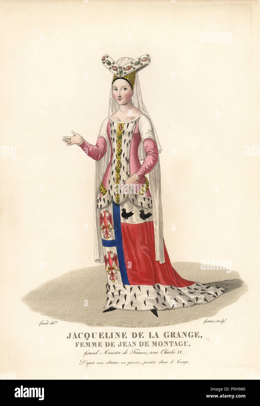 Jacqueline de la Grange, wife of Jean de Montagu, Grand Minister of France  under Charles VI. She wears an escoffion hat with veil, and an armorial robe  decorated with the coats of