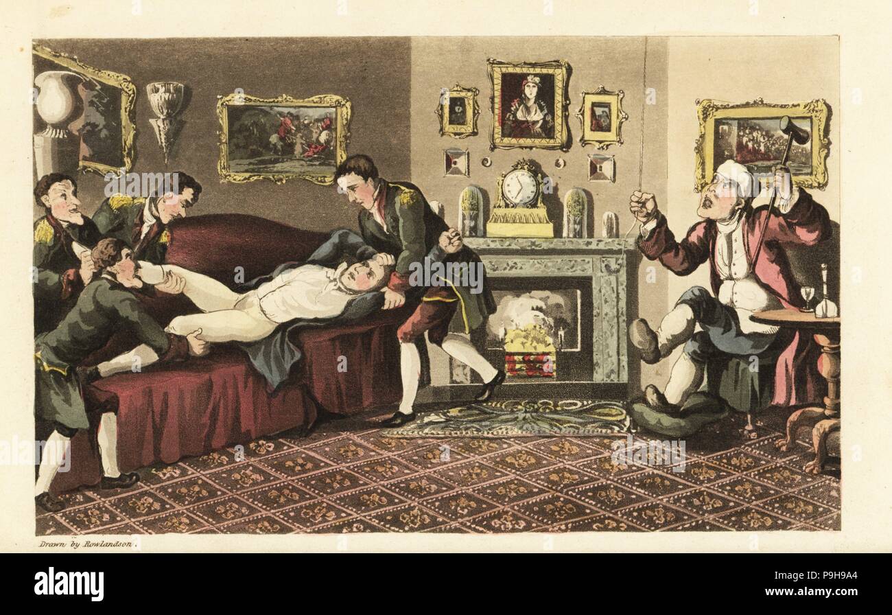 Johnny drunk on the sofa of Sir David Dangle's house thrown out by the liveried footmen. Handcoloured copperplate engraving by Thomas Rowlandson from William Combe's The History of Johnny Quae Genus, the Little Foundling of the late Doctor Syntax, Ackermann, London, 1822. Stock Photo