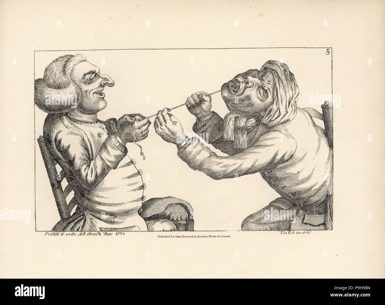 Physician laughing as he pulls a patient's tooth with string