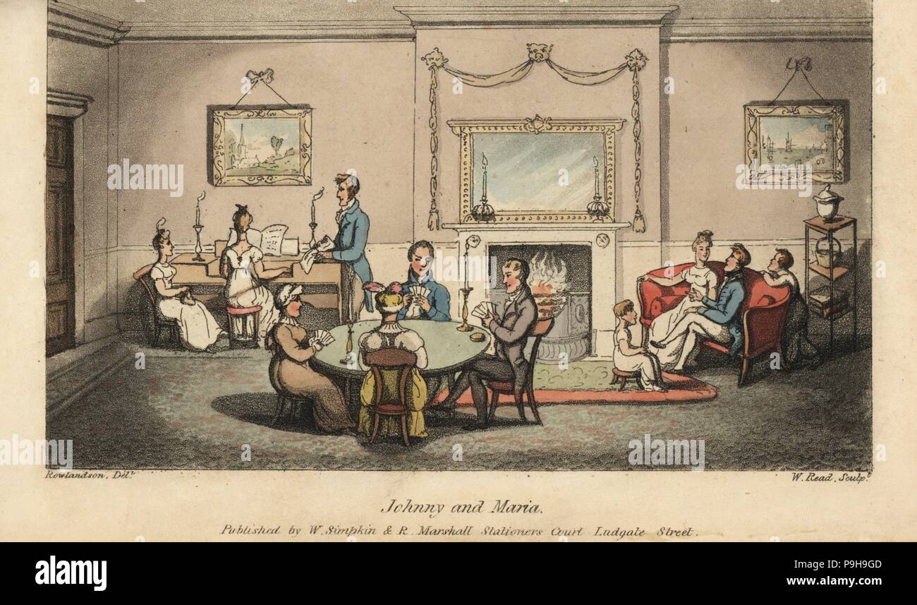 Johnny courting Maria in a parlor while others play cards and sing songs in front of the hearth. Handcoloured copperplate engraving by W. Read after an illustration by Thomas Rowlandson from Alfred Burton's The Adventures of Johnny Newcombe in the Navy, Simpkin, London, 1818. Stock Photo